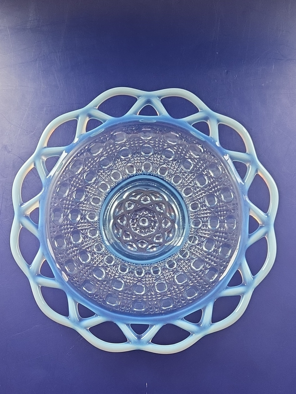 Imperial Glass Katy Blue Lattice Rim Opalescent Plate